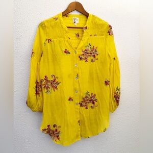 Fig and Flower Yellow Embroidered Boho Button-Up Blouse Large